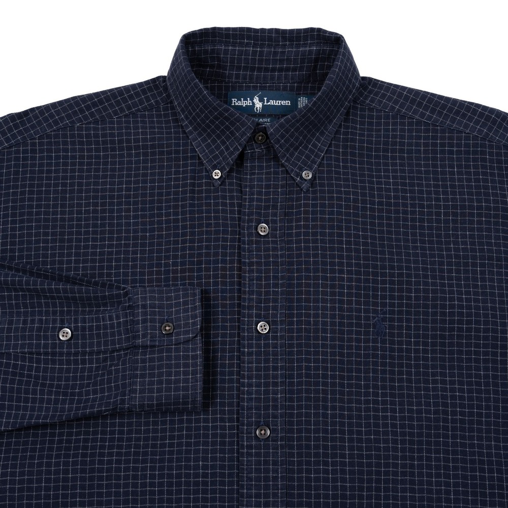 VTG Polo Ralph Lauren Button Down Shirt Mens Medium Navy Windowpane Plaid Preppy